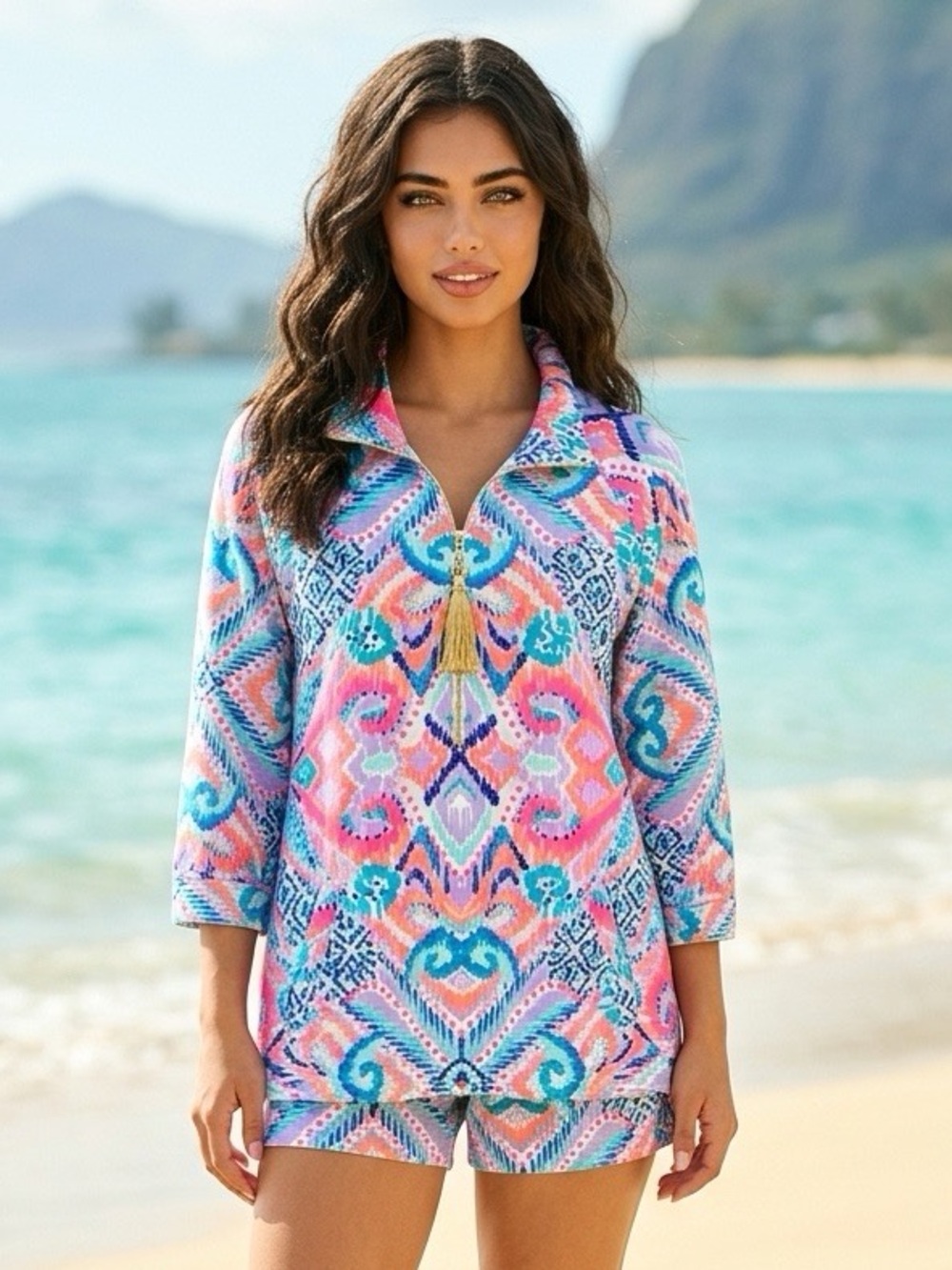 Lilly Pulitzer Pink & Blue Skipper Popover with Tassel Zip - L